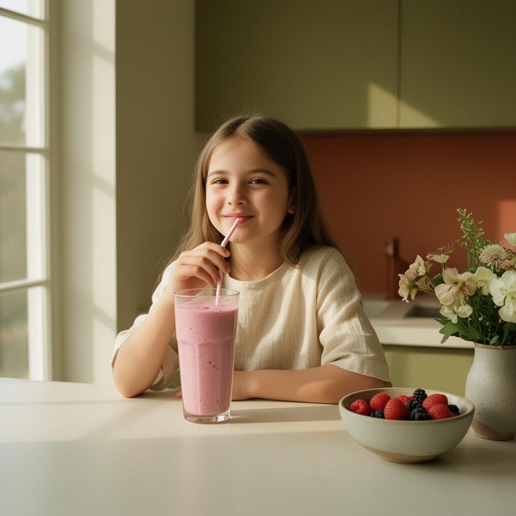 Young girl sipping a NOURÉ Strawberry Cloud smoothie at a calm family kitchen, editorial